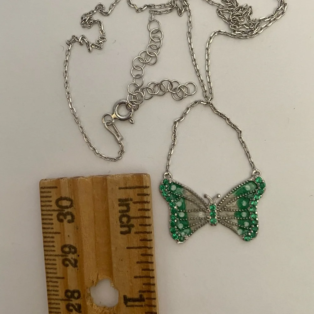 925 Silver butterfly necklace cz stones and green white handmade enamel
